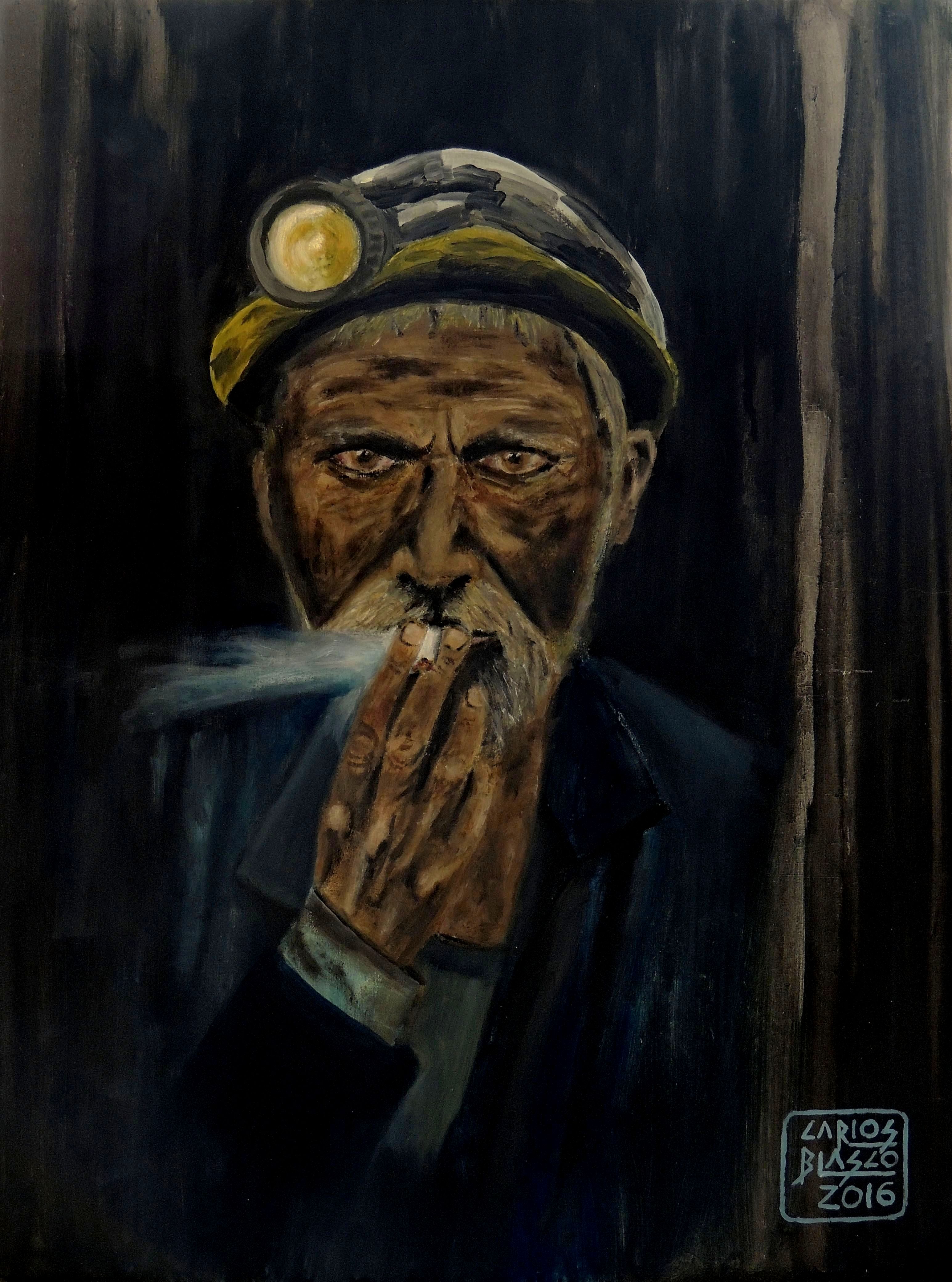 FUMAR MATA - Versionando a Steve McCurry - Minero en Pul-i-Khumri, Afganistán - Óleo sobre DM 40x30x0,3 cms.